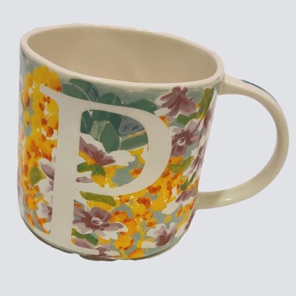 Anthropologie Floral Design Monogram "P" Coffee/ Tea Mug 3.5" - Picture 1 of 4